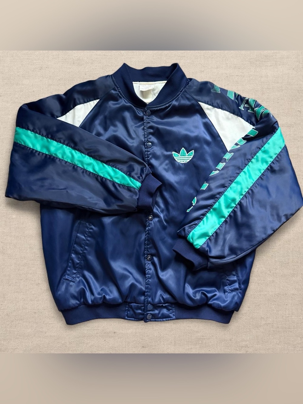 Vintage Adidas Team Adidas Satin Bomber Jacket Mens Size L Blue Teal Snap Up